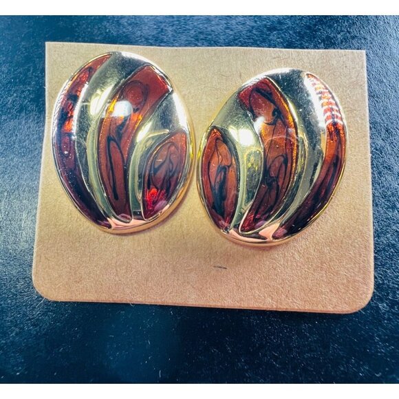 Vintage Napier Pierced Earrings Oval Gold Tone Bronze Brown Enamel Swirl - Picture 1 of 4